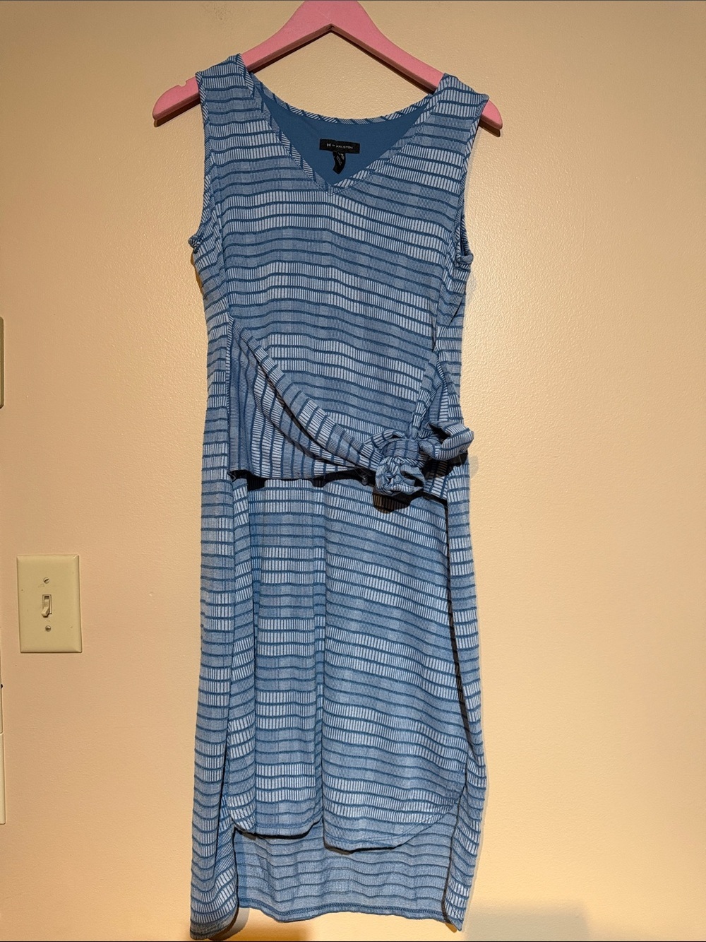 H by Halston Blue Striped Sleeveless Midi Dress with Knot Waist